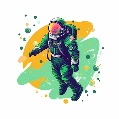 astronaut, green colors, Clipart Design, white background, vector illustration, flat vector, rounded forms, vibrant colors, colorful, Figma, dribbble, Adobe Illustrator