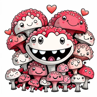 smiling cute evil mushrooms clip art, birthday, party, teeth, monster, grin, dancing, kissing, hearts, white, pink, red, black, intricate details, white background