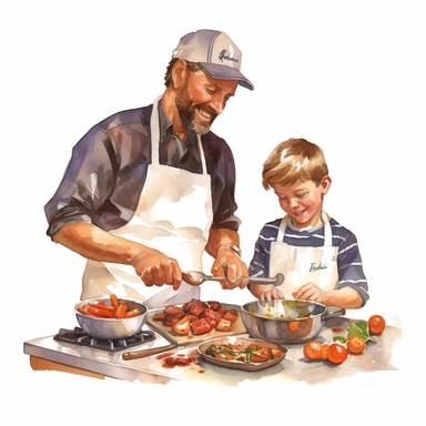 A father and son cooking together in the kitchen, wearing chef hats and aprons, Watercolor, Clipart, detailed, high resolution, transparent background PNG