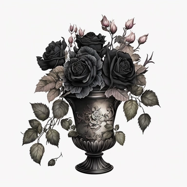 a vase of gothic black roses. White background. Artwork medium is watercolor clipart
