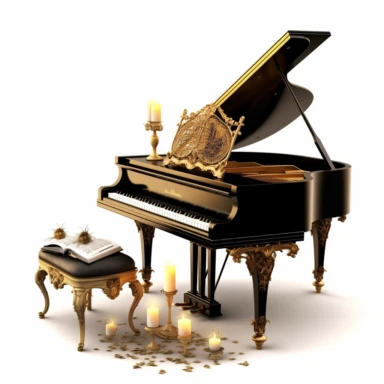 luxury gold piano with a seat,black roses and jewel,candle and one music book digital clipart on white background--s 1000