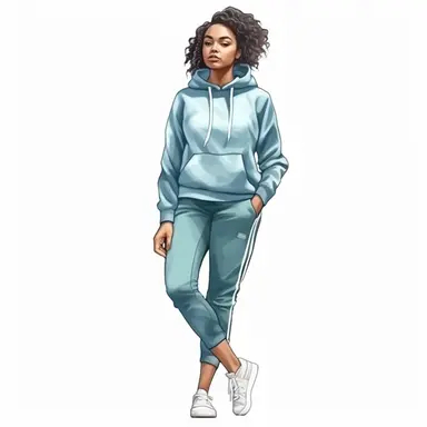 watercolor style, beautiful african american woman wearing tracksuit, hoodie and sneakers, realistic, clipart, isolated on white background, 4K