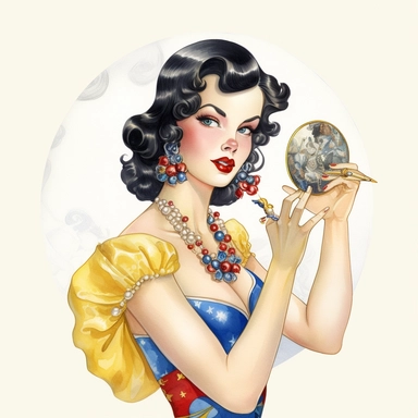 Hand drawn 1950’s pin up woman, dressed like Disney's Snow white, holding a gold hand mirror, shades of blue yellow and red, very glamorous with jewelry, half body, very detailed and realistic, watercolor, white background with margins, clipart style