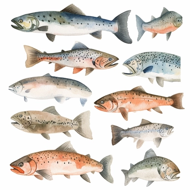 watercolor Atlantic Salmon clipart, single designs