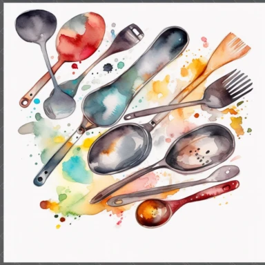 watercolor Kitchen utensils, cutlery, spatula, batter, spoon, pan vividly bold designs png realistic cartoon in 32K UHD cute. 15 cm thick outline. There was no shadow on the ground. 8k with realistic watercolors. and detailed illustrations. PNG clipart , transparent white background