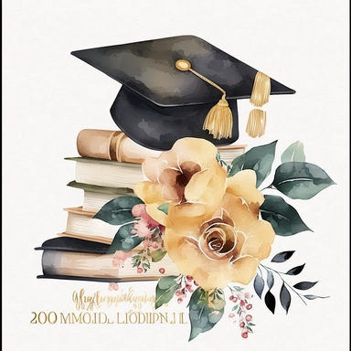 Gold Graduation Cap Watercolor College High School Graduation Clipart Flowers Graduate Gift Graduation Books Commercial Use Illustration PNG