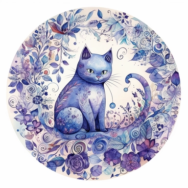 watercolor, hyper realistic, white background, white margins, 16k, ultra detailed clipart, cut out image, hand-drawn, whimsical cat sitting in the center of a circle of doodles in shades of purple and blue, with flowers, hearts, and swirls interspersed among the patterns.