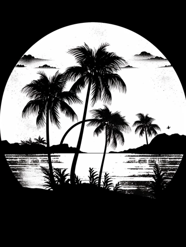 silhouette of seaside with palms, sea and sun, black and white, vector, clipart