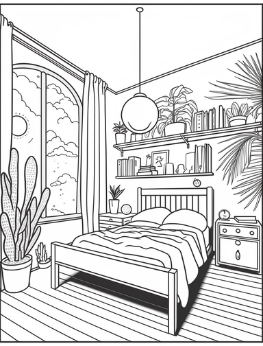 cute home bed room, black and white clipart coloring page, simple and clean line drawing, thin line art, proportionally sized, illustration style