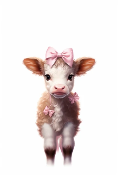 a baby cow with pink bow, clipart, white background