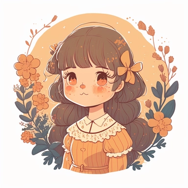 Unique Super Adorable little cute bueautifull cottagecore Girl portrait Clipart on white background, character design, warm tones and orange colors, orange and blue tones, gouache painting, cel shading, vector, clipart, 8k, line art, sacred geometry, transparent background, In the style of, ghibli style, miyazaki, Ryo Takemasa, xuan loc xuan, Lisa Audit, Anastasia Suvorova, Jon Klassen, greg tocchini, ultra - detailed, best quality, well composed, vibrant color tone, elaborate, vibrant colors, h