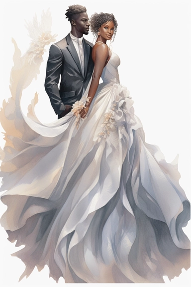 amazing detailed watercolor clipart of a beautiful black woman bride and groom, the woman with a beautifully detailed Heavenly draping baroque-inspired haute couture gown on a beautiful young woman stunning seraphim posing a classical fashion setting and