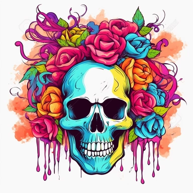 clipart of psychedelic roses and skulls, cartoon style, vector, on a white background