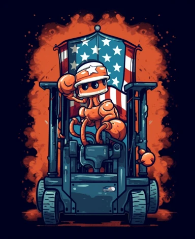 Showcasing a cartoon octopus as a forklift operator, with the design incorporating patriotic elements and symbols inspired by the American flag. The overall design can appear polished and poignant, with the octopus proudly operating the forklift, that can be used as a sticker, colorful, highly detailed, with a white background, in the style of Pixar clipart, and no cut off edges.