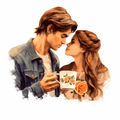 beauty couple drinking coffee, vintage cups, flower digital clipart on white background