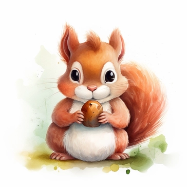 Create a clipart of a playful cartoon squirrel holding an acorn, with a mischievous expression on its face. The squirrel should have soft, fluffy fur and expressive eyes, and the watercolor technique should add depth and texture to the illustration. The white background will make the squirrel stand out and allow for easy integration into various designs.