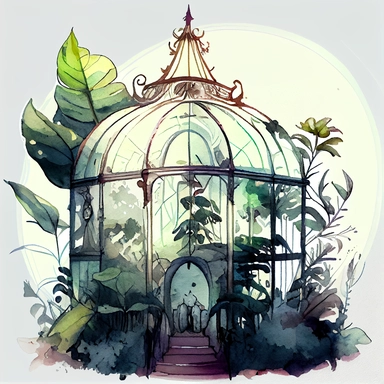 on a white background for a clipart realistic and detailed whimsical deep and bright color watercolor and black ink illustration in the 2d anime style. a glass greenhouse in art nouveau style. Add magic vegetation, magical details and mystical atmosphere. plants are everywhere