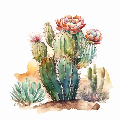 watercolor art, stunning desert cacti clipart featuring a single majestic cactus, set against a pristine white background, highlighting its natural beauty and elegance. no text, no caption