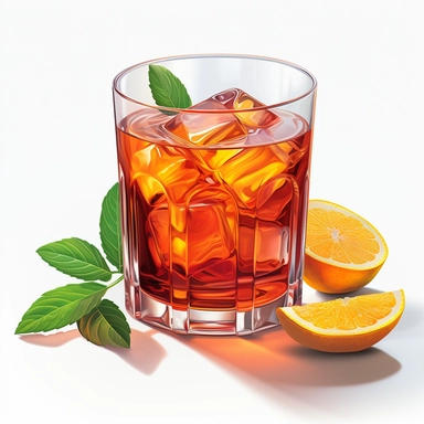 Sharp Illustration of a Negroni Cocktail clipart aginst white background, illustration style, vibrant colors, unreal engine 5, detailed illustration, high resolution, high quality, solid white background