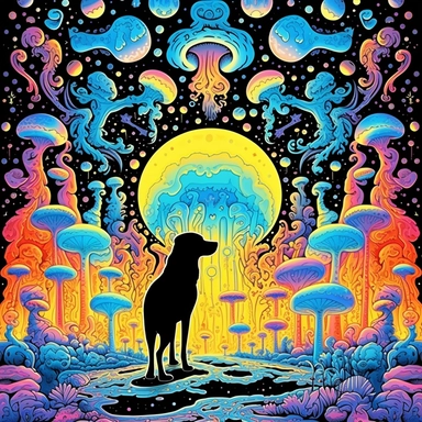 dog in dogs dreams pattern psychedelic clipart, white background, colorful, galaxies, flying saurcers, no text, neon texture, magic mushrooms, pixel-perfect in alex grey style