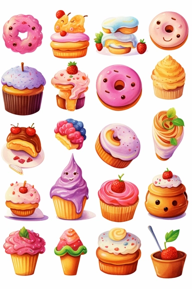 sweets, pies, cakes and doughnuts cartoon style, cute cartoon food lot. Pixar childrens book cartoon style, detailed, modern, urban, watercolor, full color, flat color, white background, children book illustration. Watercolor clipart. Pixar animation