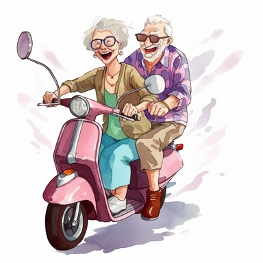 Grandpa drove Grandma by motorbike, Funny Grandparents, illustration, extremely detailed, illustration clipart, on white background, watercolor