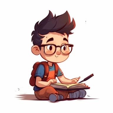 Little boy character sitting and writing in a notebook, no background, kids style, 2D, vector, good quality, Pixar children's book illustration, vector, cartoon character, hand drawing, clipart