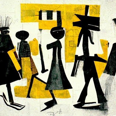 a painting of a group of people walking down a street, an abstract drawing, inspired by Albert Gleizes, deviantart contest winner, black and yellow scheme, black gotic letter m, anthropomorphic machine, clipart, basquiat, tintoy characterdesign robot, 2 0 0 7, in the design of eliot kohek, \ 4 \ k