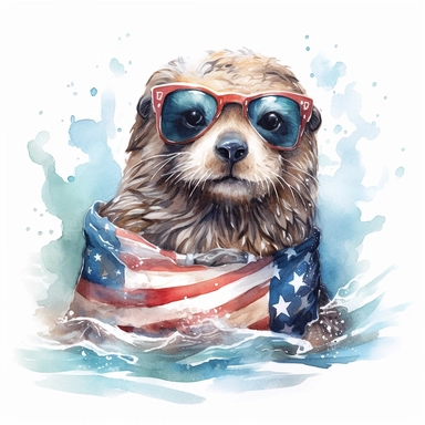 a California sea otter with rocky shoreline, wears American flag scarf and sunglasses, Western coastal waters, colorful ink wash paintings, anime-inspired character designs, hyper-realistic animal illustrations, 2d game art, quadratura, clipart, on white