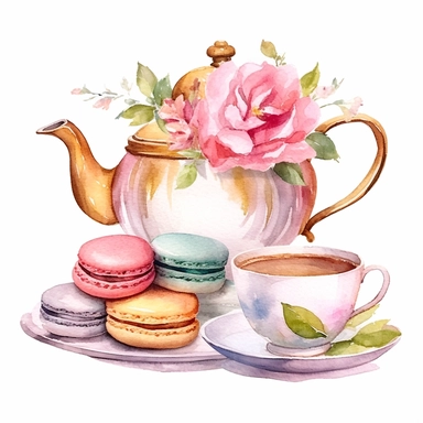 Clipart of set of teapot and cup set in the style of light gold and pink ,decorate with flower serving flowering tea, with a plate of macarons, Watercolor, pastels, clipart, beautiful, colourfull, png transparent white background, high resolution, watercolour, 8k, hyper-realistic, isolated on a white background. q4 s2.