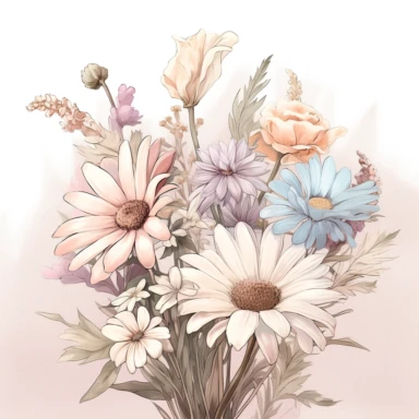 A digital illustration of a wild flower pastel clipart, featuring a soft and delicate depiction of various wildflowers in a pastel color palette. The clipart showcases an assortment of charming wildflowers, such as daisies, lavender, and tulips, rendered with gentle brushstrokes and muted tones. The pastel colors evoke a sense of serenity and tranquility, creating a dreamy and ethereal atmosphere. Against a clean white background, the wild flower pastel clipart stands out with its soft and roman