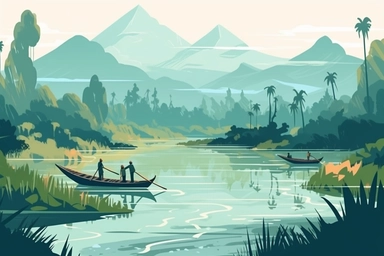 Mountains vector file. Forest landscape clipart. Camping and travel print.People guide their boats through tranquil, water color-like green reeds and algae on the Karatoya River in Bogra, Bangladesh Vector flat illustration