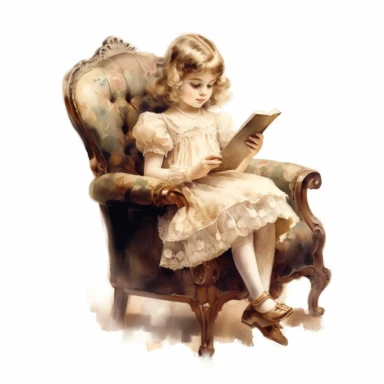victorian vintage adorable little girl reading book on a vintage chair, full body, beige colors, clipart style, oil painting technique, super high quality, professional watercolor clipart, high resolution, 8k