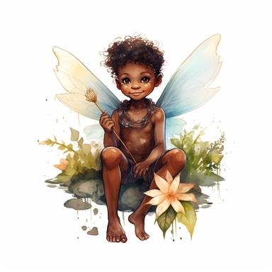 ultra beautiful cute baby boy black skin fairy elf, pixie with beautiful buttefly style wings in a sitting position holding a flower in the woods clipart, water color illustration, mary cecily baker style