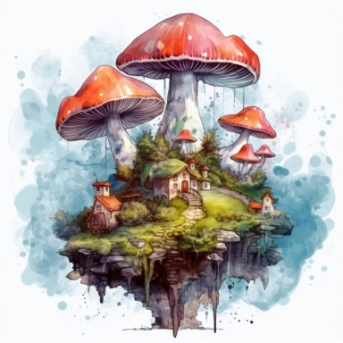 fantasy mushroom city in the clouds. clipart. watercolour.