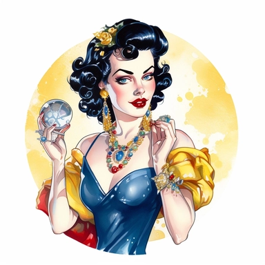Hand drawn 1950’s pin up woman, dressed like Disney's Snow white, holding a gold hand mirror, shades of blue yellow and red, very glamorous with jewelry, half body, very detailed and realistic, watercolor, white background with margins, clipart style