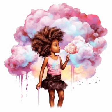 A lone adorable happy african american girl Eating a cotton candy cloud clipart, adorned with delicate sugar embellishments, her enchanting silhouette captures the whimsical beauty of the Candyland world. Clipart, watercolor, white background, intricate detail, hyper realistic, unreal engine cinematic smooth, ink rendering strong contour