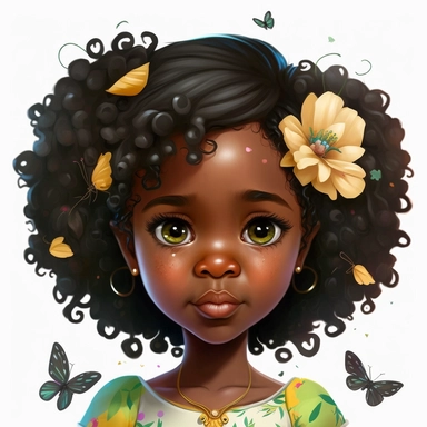 melanin little girl african american clipart long heir rosa chick unusual angle wight background with simmetrical beautiful face children mack up bodyart and little butterflies sunflavers pixar cartoon style