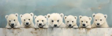 a row of cute miniature polar bear cubs, a collage of mixed media art made with tissue paper, magazine and newspaper clippings, oil paint, graphite pencil lines and fabric, in the style of playful surrealism, whimsical, washi tape