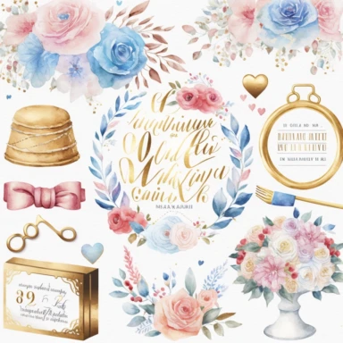 watercolor marriage anniversary clipart collection, white background, white, pink, blue and gold illustrations