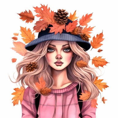 Just a Girl Who Loves Fall , style by Lucy Fleming, watercolor, smooth gradients, black contour outline, ultra detailed, clipart elements, delicate pastel colors, solid white background, super clear, high quality