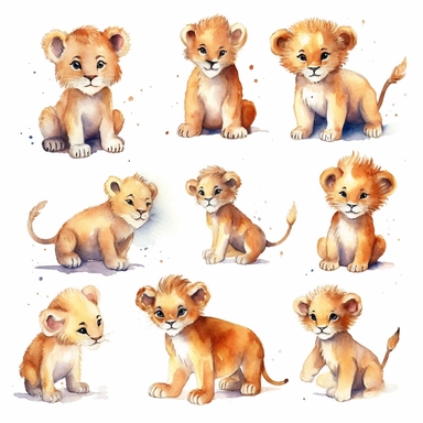 A charming watercolor lion clipart bundle, the side view of a baby lion walking with grace and elegance. showcasing an adorable lion cub engrossed in playful activities. Against a clean white background, the watercolor painting depicts the cub's unbridled enjoyment and sense of fun. This cute baby animal clipart bundle infuses designs with a lively and joyful atmosphere, creating a delightful and engaging visual experience. /artistic_style:Watercolor painting /background:white /subject:playful c