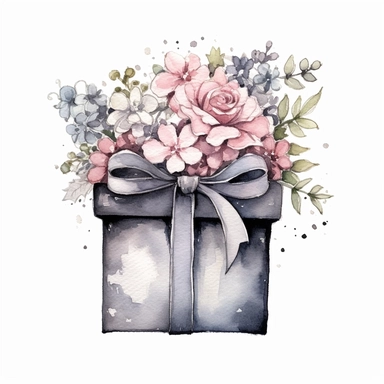 floral Rustic Lace and Watercolor Wedding Favor Box with Ribbon Accents, Illustration clipart, 4K, extremely detailed Sublimation Clipart,Cartoon,hyper realistic, intricate detail, illustration style,high solution,on the white background