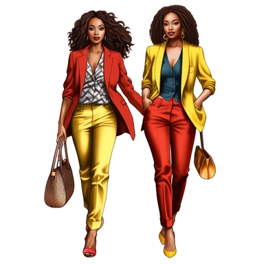 Beautiful african american women, clipart, juneteen red, yellow, and dark green fashion, full body, purse, heels, pants, jacket, shirt, handbag, boss