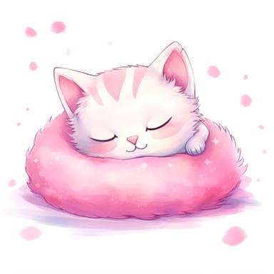Kawaii kitten sleeping on a pink pillow, super cute, so adorable that is breaks your heart, full body, watercolor clipart, isolated on white background, cute - core