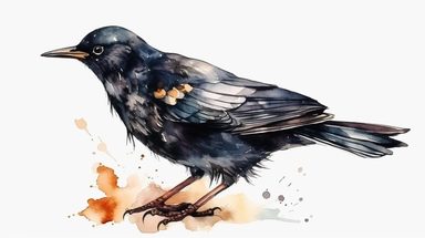 Watercolor blackbird clipart, white isolated background, space out, hd