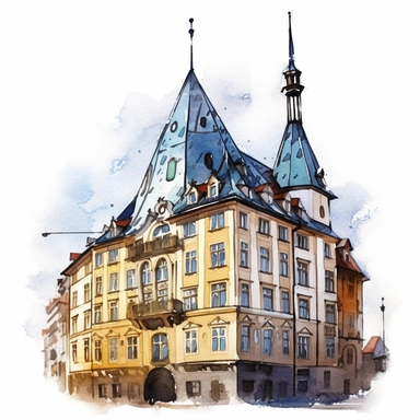 a Czech Republic Dancing House in the style of watercolour clipart with detailed brush strokes