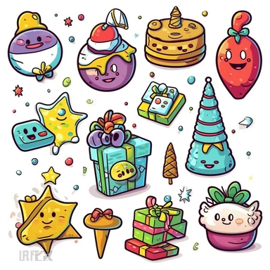 christmas ornaments, simple, isometric, on white background, cartoon, vector art, clip art, doodle art, comic art, for children