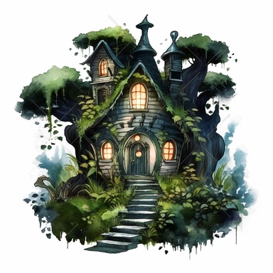clipart of a dark goblin cottage in the deep forest surrounded by moss and fern, illuminated from inside, in the dark green and black, goblincore, fantasy, romantic, watercolor illustration, children book illustration, no splashing, high detailed, isolated on flat white background