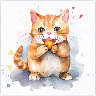 cute smiling watercolor cat holding food, white background, clipart, 8k resolution, high saturation, juicy colors, unreal engine
